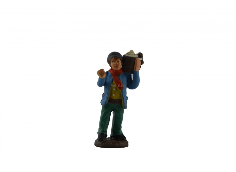 Man with basket on his shoulder in painted terracotta 8 cm