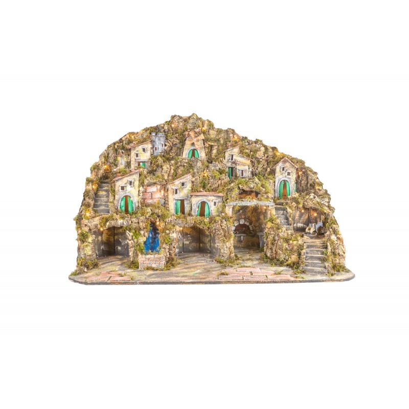 Presepe Neapolitan Pandorino 95x65x65 cm (37.04x25.59x25.59 Inch) with lights, Waterfall, Oven, Mill and Grindstone