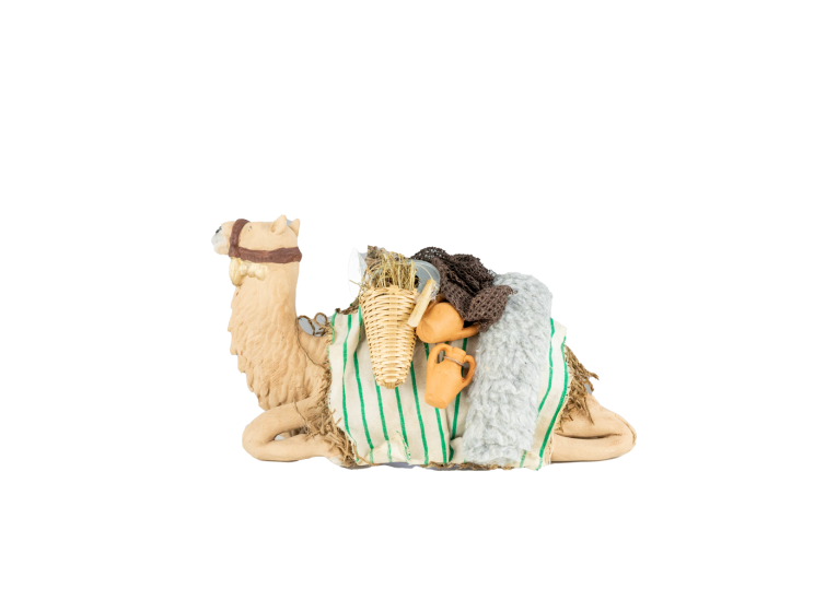 Seated Harnessed Camel with Basket Baby cm 15 (5.90 Inch) - Presepe Neapolitan Dressed Terracotta